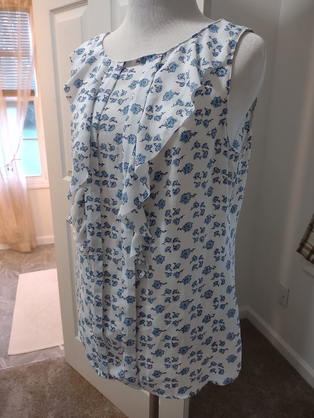 LOFT White & Blue Floral Ruffle Sleeveless Blouse